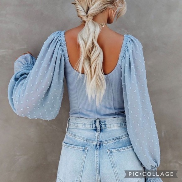 Sky Blue Top/Bodysuit w/Sheer Popcorn Sleeves - Picture 3 of 5